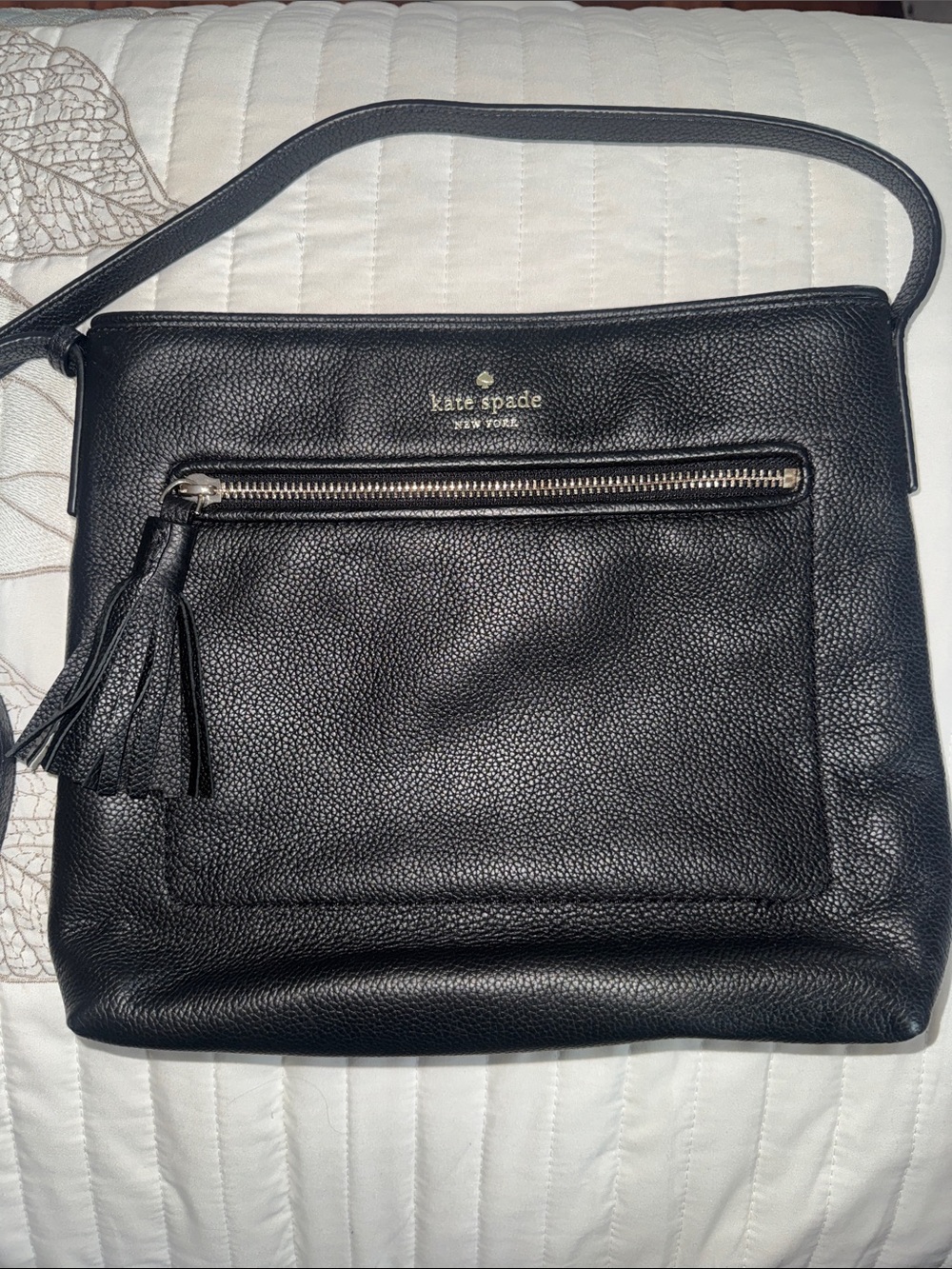kate spade Black Pebbled Leather Messenger Bag with Tassel